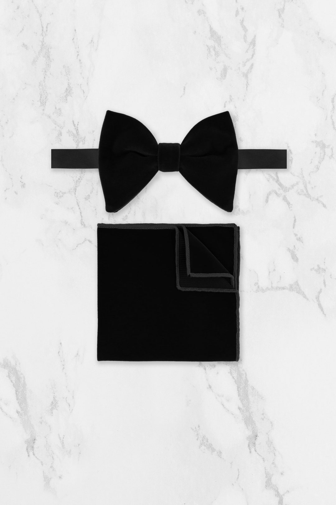 Black Velvet Oversized Bow Tie & Pocket Square Set Tuxedo or Prom Bowtie Necktie Eventwear Gents