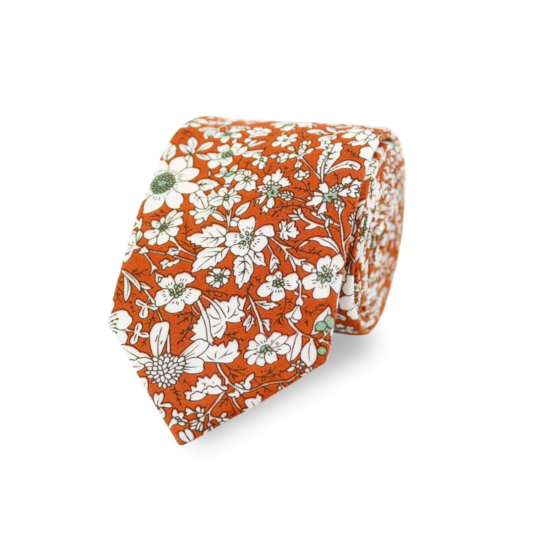 Orange Floral Tie, 100 Cotton Handmade, Wedding Tie, Gift for Men