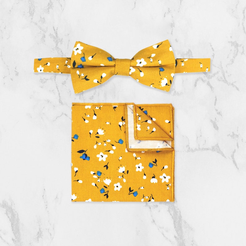 Yellow Floral Tie. Matching Pocket Square And BowTie. Handmade 100% Cotton. Wedding Tie Set. Groom Groomsmen & Child Page Boy Tie. image 6