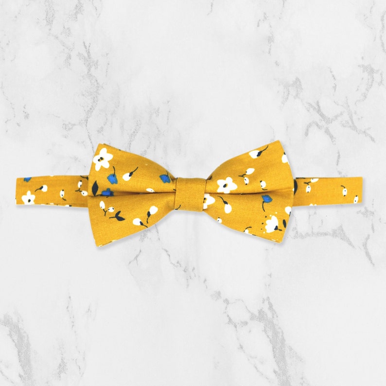Yellow Floral Tie. Matching Pocket Square And BowTie. Handmade 100% Cotton. Wedding Tie Set. Groom Groomsmen & Child Page Boy Tie. image 9