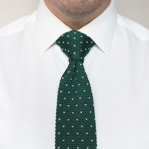 Dark Green Knitted Tie With White &quot;V&quot; Dots. Handmade Soft Polyester Tie. Woven Tie. Wedding Tie. Groom & Groomsmen Neck Ties