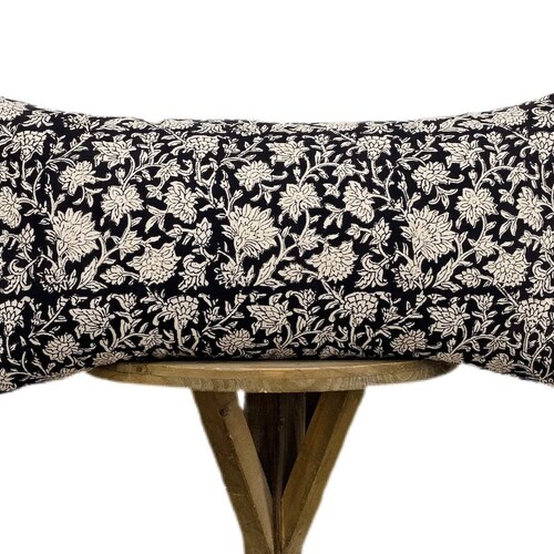 Black Floral Pillow Cover Block Print Floral Throw Pillow Etsy