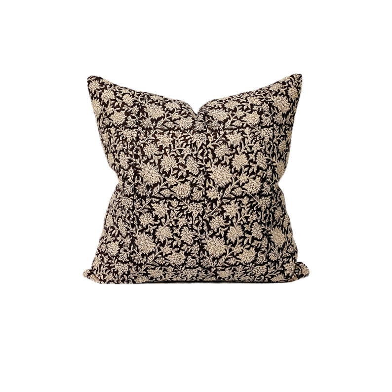Black Floral Pillow Cover Block Print Floral Throw Pillow Etsy