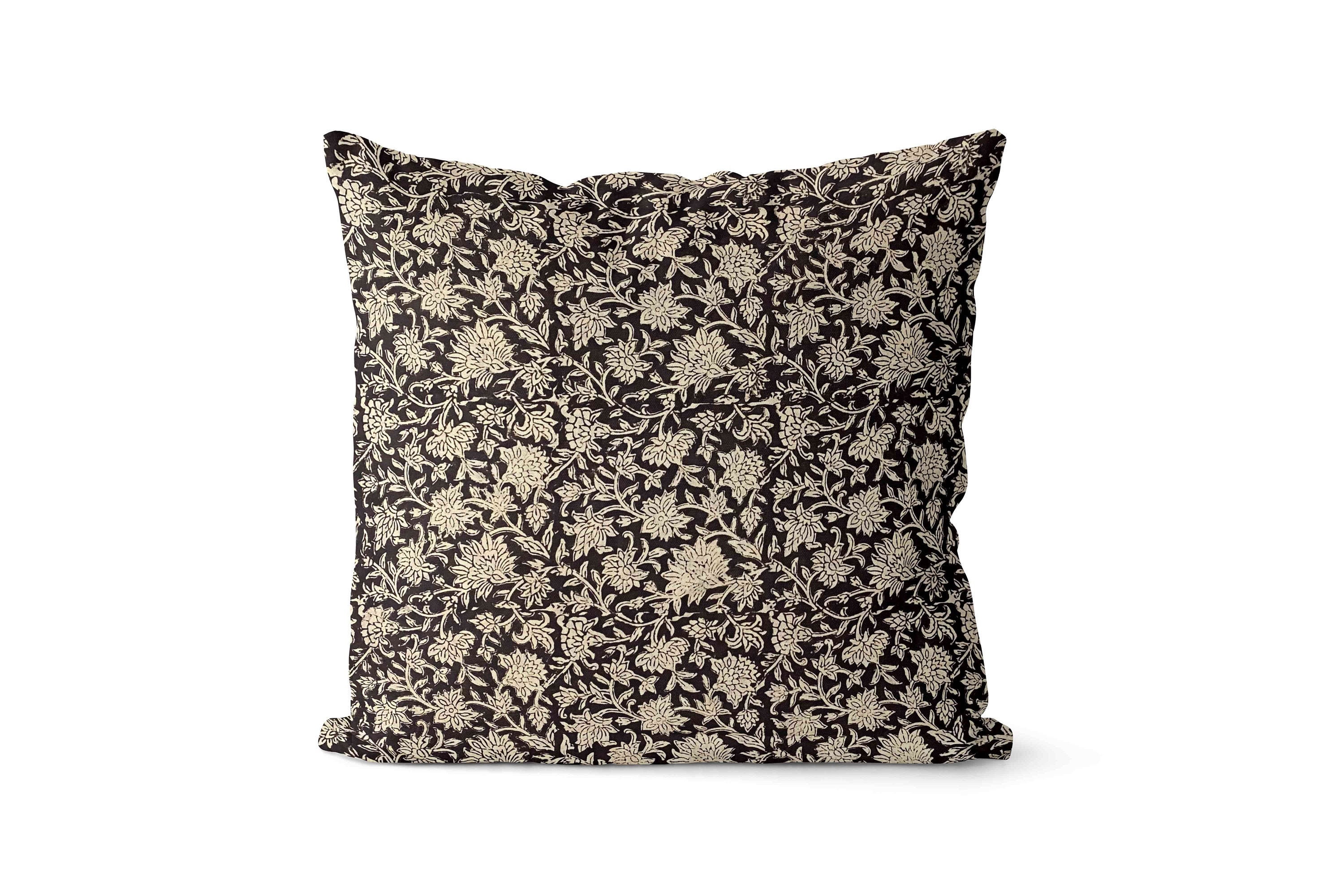 Black Floral Pillow Cover Block Print Floral Throw Pillow Etsy