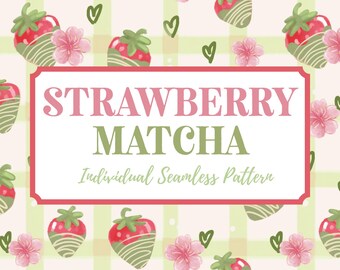 Digitales Papier in Pink Sakura | Nahtloses Matcha-Erdbeermuster | Kawaii-Hintergrund im Cottagecore-Stil | PNG- und JPEG-Download