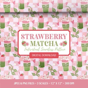 Op de afbeelding: Een digitaal naadloos patroon met aardbeien-matcha drankjes op een roze en wit geblokte achtergrond. De centrale tekst luidt STRAWBERRY MATCHA Individual Seamless Pattern DIGITAL DOWNLOAD. Inclusief JPEG- en PNG-bestanden van 30,48 cm x 30,48 cm.