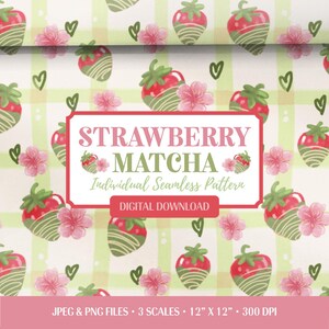 May include: A seamless digital pattern featuring red strawberries dipped in green matcha icing, pink cherry blossoms, and small green hearts on a light green and white plaid background. Text reads STRAWBERRY MATCHA, Individual Seamless Pattern, DIGITAL DOWNLOAD.