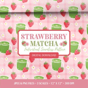 Può includere: Un motivo digitale senza cuciture con tazze di matcha verdi, fragole rosse e piccoli fiori bianchi su uno sfondo a quadretti rosa chiaro. Il testo centrale recita STRAWBERRY MATCHA Individual Seamless Pattern DIGITAL DOWNLOAD.