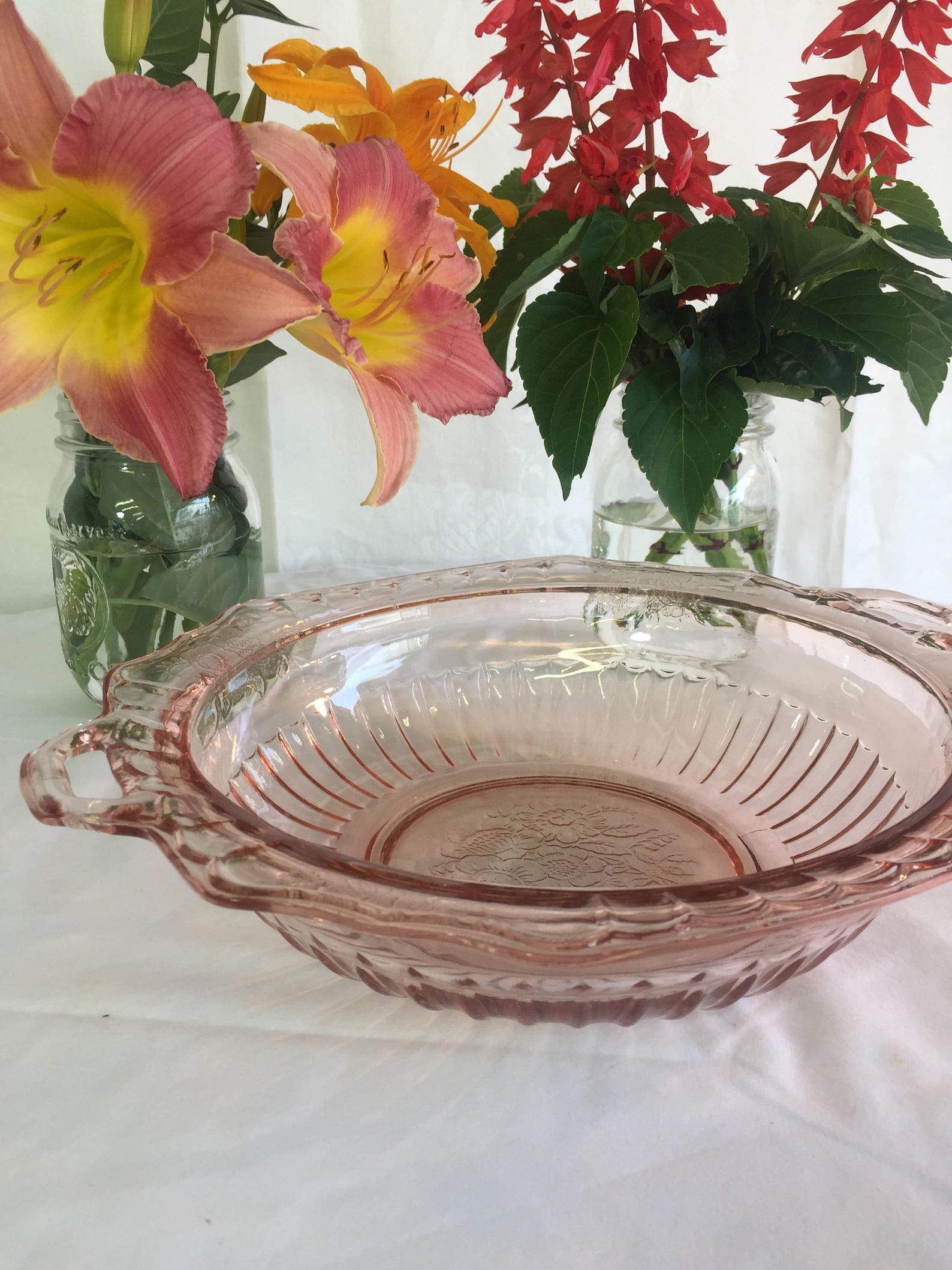 Mayfair Pink Depression Glass Open Rose Handled Bowl Etsy