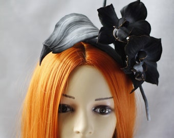 Kentucky derby black fascinator with black orchid Fascinator hats Goth wedding