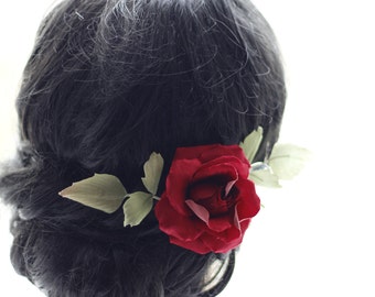 Elegant Red Silk Rose Hair Clip - Handmade Carmen Style Accessory