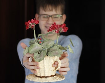 Faux geraniums centerpiece Fake plants decor Fake plants in pot for great grandma gift