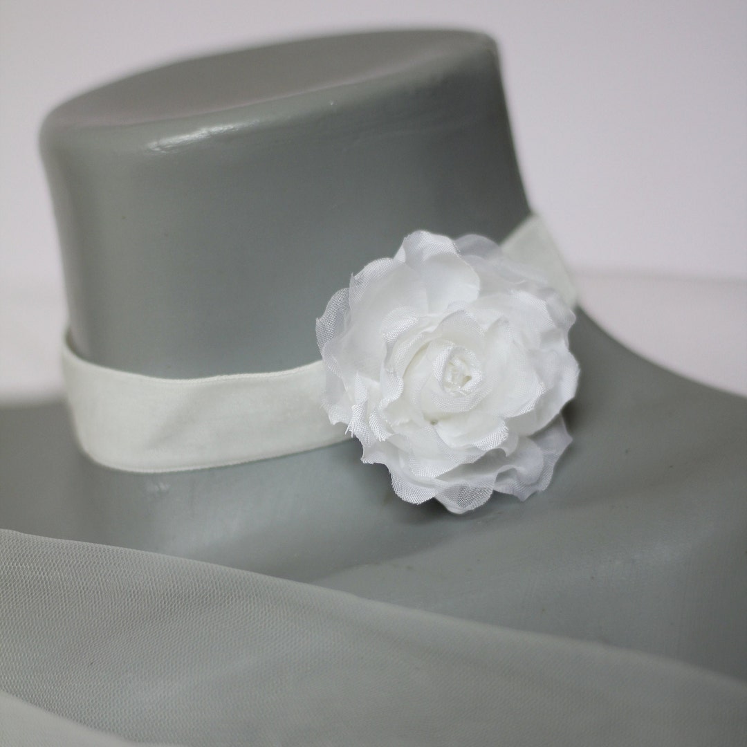 Satin flower white crystal choker necklace