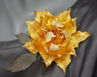 Yellow rose pin Large rose brooch Silk flower brooch 40th birthday gift