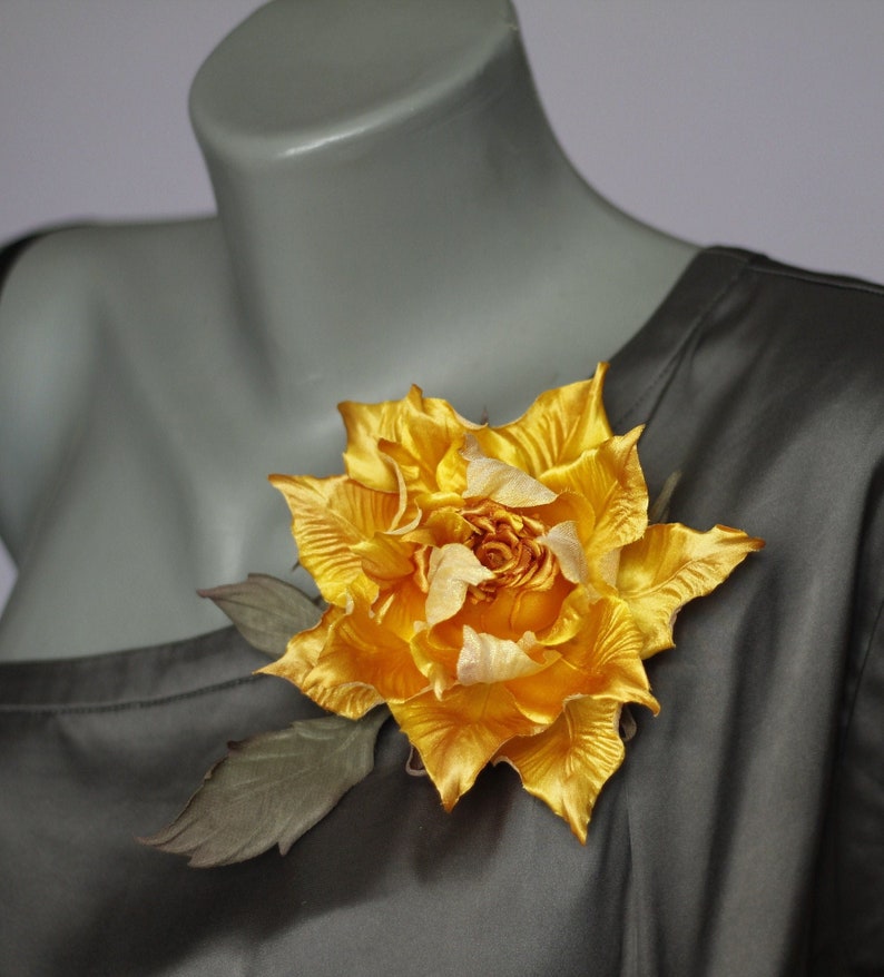 Large Rose Brooch Silk Flower Brooch Yellow Rose Pin Etsy