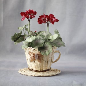 Silk and Velvet Geranium in Wicker Pot - Cottage Decor - Handcrafted Floral Arrangement - Housewarming