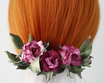 Bridal hair barrette. Hot pink rose for hair