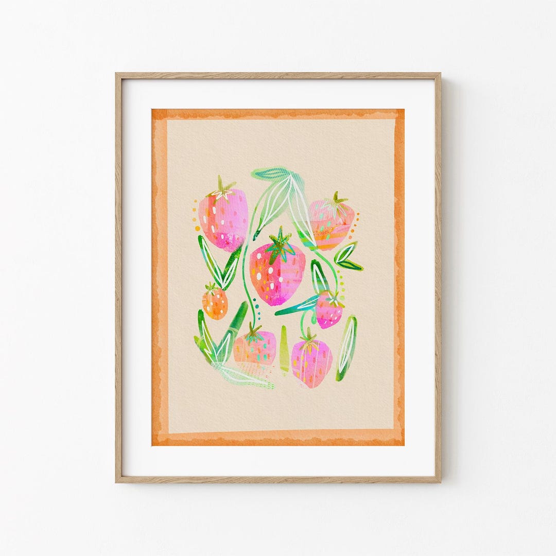 Pink &amp; Orange Strawberry Digital Watercolor Print Spring, Summer ...