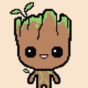May include: A pixelated illustration of Groot, a fictional character from the Marvel Cinematic Universe. He is depicted as a humanoid tree with a green leafy crown, brown skin, and a friendly expression. The text "GROOT" is written below the character.