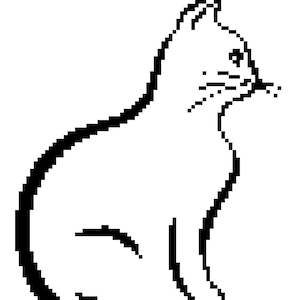 May include: Black and white line drawing of a cat sitting with its tail curled around its body.