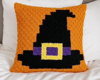 Patrón gráfico de almohada de sombrero de bruja fácil / Patrón gráfico de Halloween para principiantes para crochet, C2C, punto de cruz, tejido, Hama / Cojín de 25 x 25 píxeles en PDF
