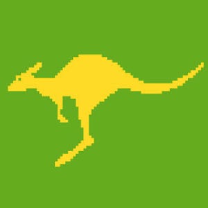 May include: A yellow silhouette of a kangaroo jumping against a green background.
