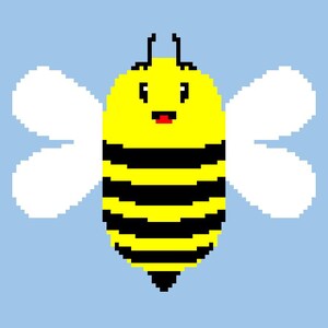 May include: A pixelated cartoon bee with a yellow body, black stripes, white wings, and a red tongue sticking out. The bee has a happy expression with large eyes and a smile.