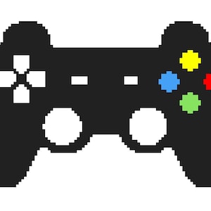 May include: A black video game controller with white buttons and four coloured buttons: yellow, blue, red and green.