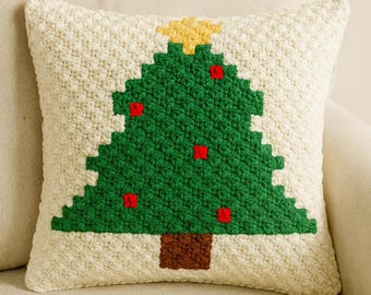 Patrón de almohada navideña fácil con gráfico de árbol de Navidad / Patrón de gráfico navideño para principiantes para crochet, C2C, punto de cruz, tejido, Hama / Cojín de 25 x 25 píxeles (PDF)
