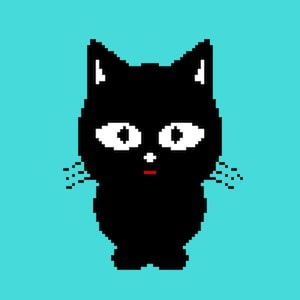 Könnte beinhalten: Eine schwarze, pixelartige Katze mit weißen Augen und einem roten Mund. Die Katze blickt nach vorne und hat einen überraschten Ausdruck.