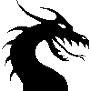 May include: A black pixelated silhouette of a dragon's head and neck against a white background. The dragon has sharp teeth, horns, and a curved neck, creating a striking contrast.