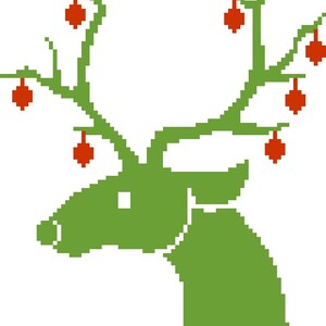 May include: A green pixelated reindeer with red ornaments on its antlers. The reindeer is facing left and has a simple, cartoon-like design.
