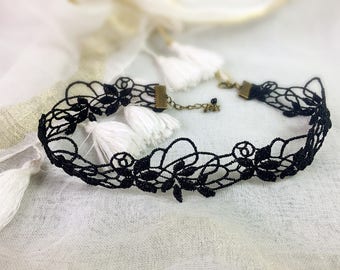 Necklace - Choker - Ras de cou en dentelle noir 3 cm vintage gothique