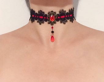 Black lace neck collar and vampire red ribbon