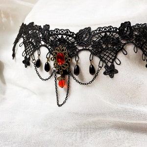 Gothic black lace necklace with red crystals, vintage retro jewelry, gothic jewelry, vampire necklace, Victorian necklace