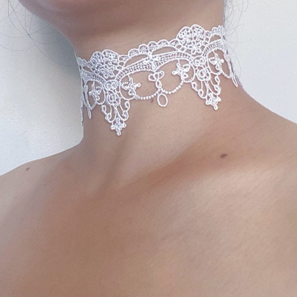 collier ras de cou vampire rétro vintage en dentelle blanche mariée/cérémonie