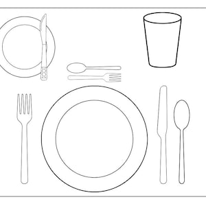 Puede incluir: Un dibujo en blanco y negro de una mesa puesta con un plato de cena, un plato de ensalada, un tenedor, un cuchillo, una cuchara y un vaso.