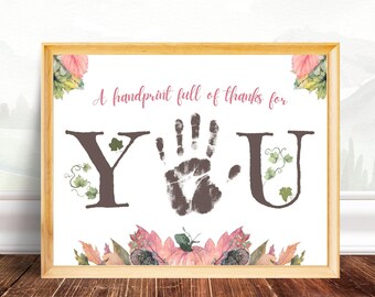 Ein Handabdruck von Danke nur für Sie, Thanksgiving Handabdruck Art Craft Aktivitäten druckbar, Herbst DIY Andenken für Kinder, Herbst Handabdruck Kunst
