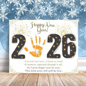 Manualidad con huella de mano para Año Nuevo 2026, Poema de Año Nuevo con huella de mano, Arte con huella de mano para invierno, Feliz Año Nuevo 2026, Nochevieja, Regalos para mamá