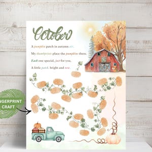 May include: A decorative art print titled October featuring a red barn, a light blue truck, and a pumpkin patch illustration. The text reads: A pumpkin patch in autumn air, My thumbprints place the pumpkins there, Each one special, just for you, A little patch, bright and new.