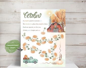 October Printable Fingerprint Art, Fall Handprint Art, Pumpkin Handprint Poem, Thumbprint Pumpkin Patch Artwork, Monthly Handprint Crafts
