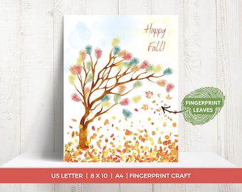 Falling Leaves Fingerprint Art, Autumn Fall Leaves, Fall Handprint Craft, Fall Handprint Art, Fall Fingerprint Tree, Thumbprint Art Keepsake