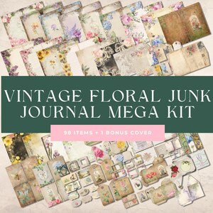 May include: A digital collage kit featuring 98 vintage floral images and one bonus cover. The images are in a variety of styles, including floral patterns, botanical illustrations, and antique textures. The kit is perfect for scrapbooking, card making, and other paper crafts.