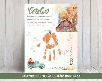 Fall Handprint Craft, October Printable Handprint Art, Autumn Pumpkin Handprint Poem, Pumpkin Patch Artwork, Monthly Handprint Crafts