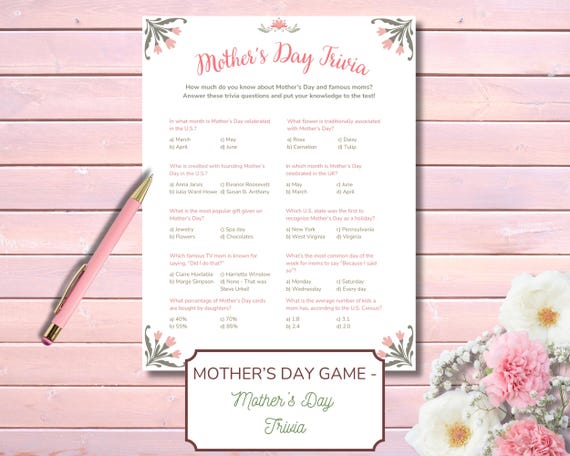 Printable Mother's Day Game, Mother's Day Trivia & Answer Key, Mother's Day Activity, Mother's Day Brunch