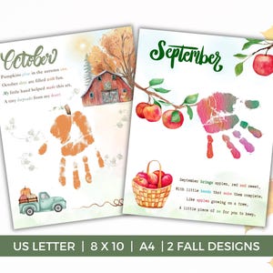 May include: Two printable art sheets for September and October. The September sheet features a red apple branch, a basket of apples, and a handprint, with text including September. The October sheet shows a red barn, a truck with pumpkins, and a handprint.