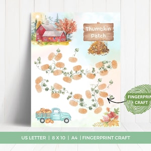 May include: A printable craft sheet featuring a red barn, a blue pickup truck with pumpkins, and a wooden sign reading Thumbkin Patch. The design includes empty vine outlines for fingerprint art, with a green fingerprint graphic and text.