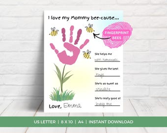 Mommy Handprint Art, Mother's Day, Bee Fingerprint Craft, Happy Birthday Mom, Handprint Flower, Mother's Day Presents, DIY Mother's Day Gift