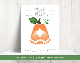 Little Pumpkin Footprint Art Craft, Fall Handprint Craft, Halloween October Printable, Trick or Treat, Newborn Infant Art, Jack 'O Lantern