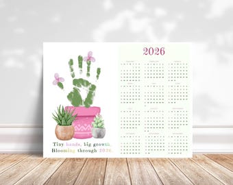 Cactus Handprint Calendar, 2026 Yearly Calendar, Flower Full Year Calendar, Year at a Glance, Fridge 12 Month Calendar, One Page Calendar